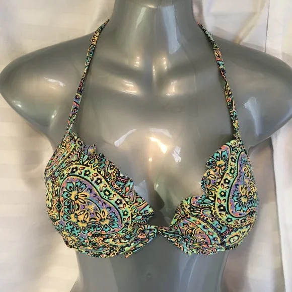 Victoria's Secret Bikini 2 pcs Set Top Sz 32C Bottom Medium Pushup Paisley Boho - Picture 2 of 14